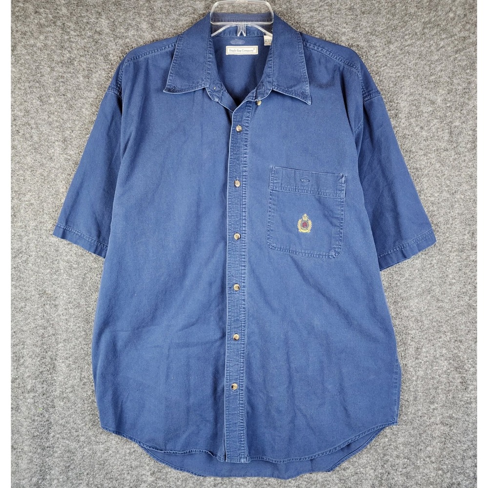 Bugle Boy Shirt Mens XL Short Sleeve Blue Button-Down Crest Logo EUC